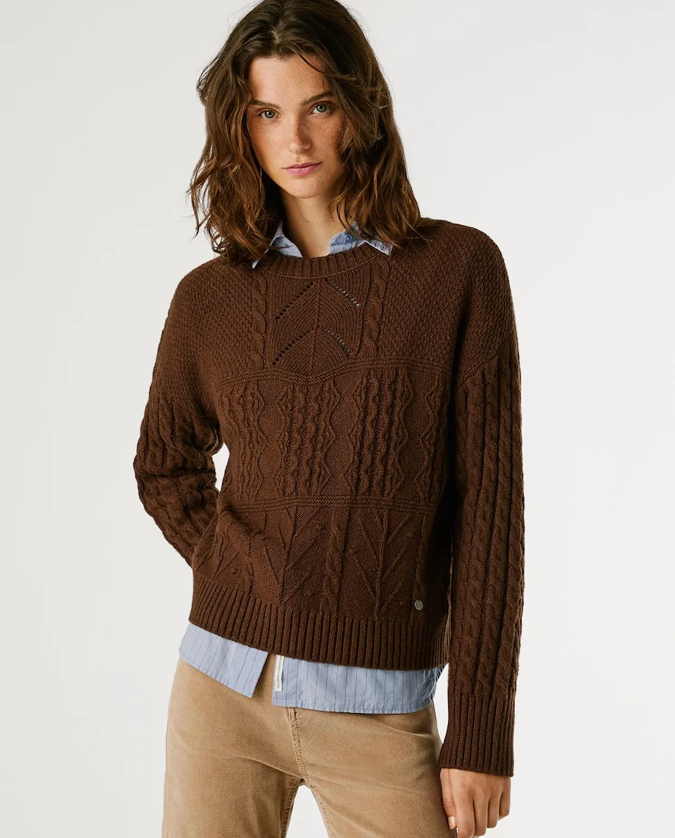 

Женский джемпер с круглым вырезом и ажурными деталями Pepe Jeans, коричневый