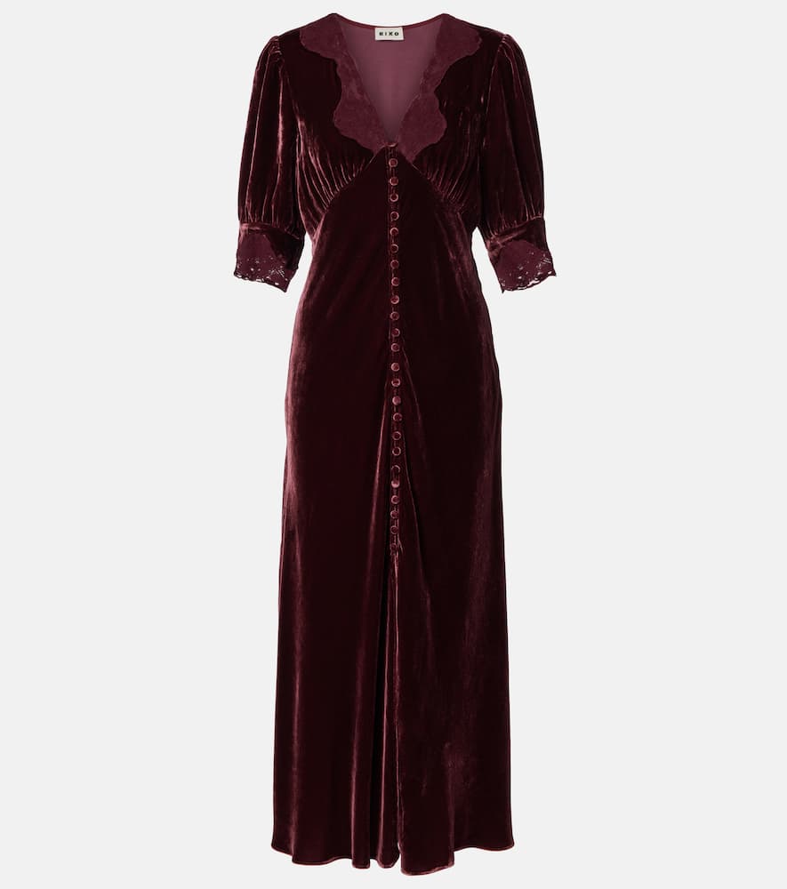 

Платье миди из бархата с кружевной отделкой Simone Rixo, Bordeaux Velvet