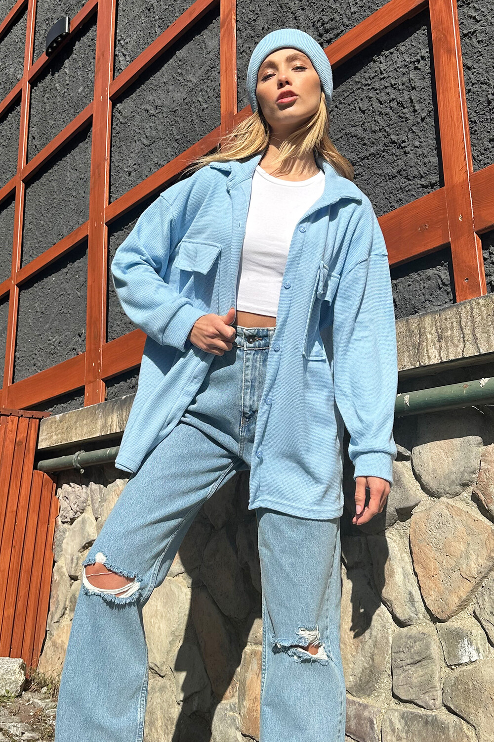 

Рубашка - Синяя - Oversize Trend Alaçatı Stili, синий