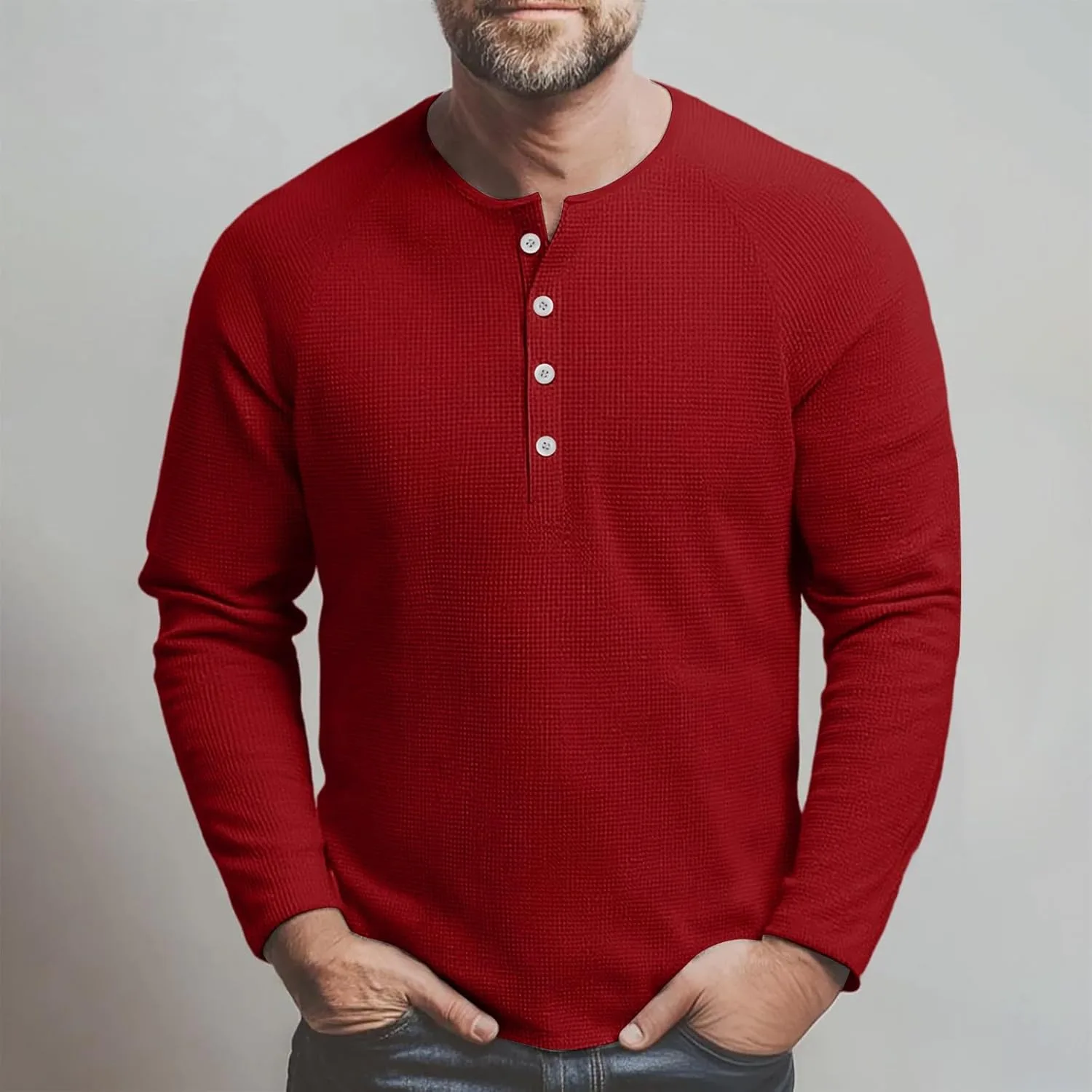 Мужская футболка Henley с длинным рукавом, однотонная, M-3XL — фото 2