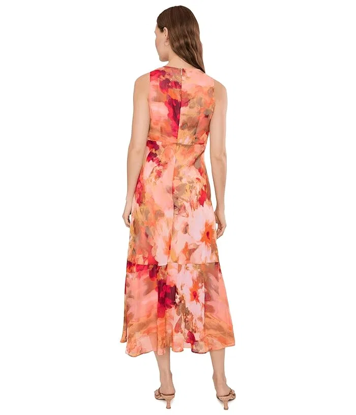 Платье с цветочным принтом Sleeveless Floral Chiffon Ruffle Hem Calvin Klein, Khaki — фото 4