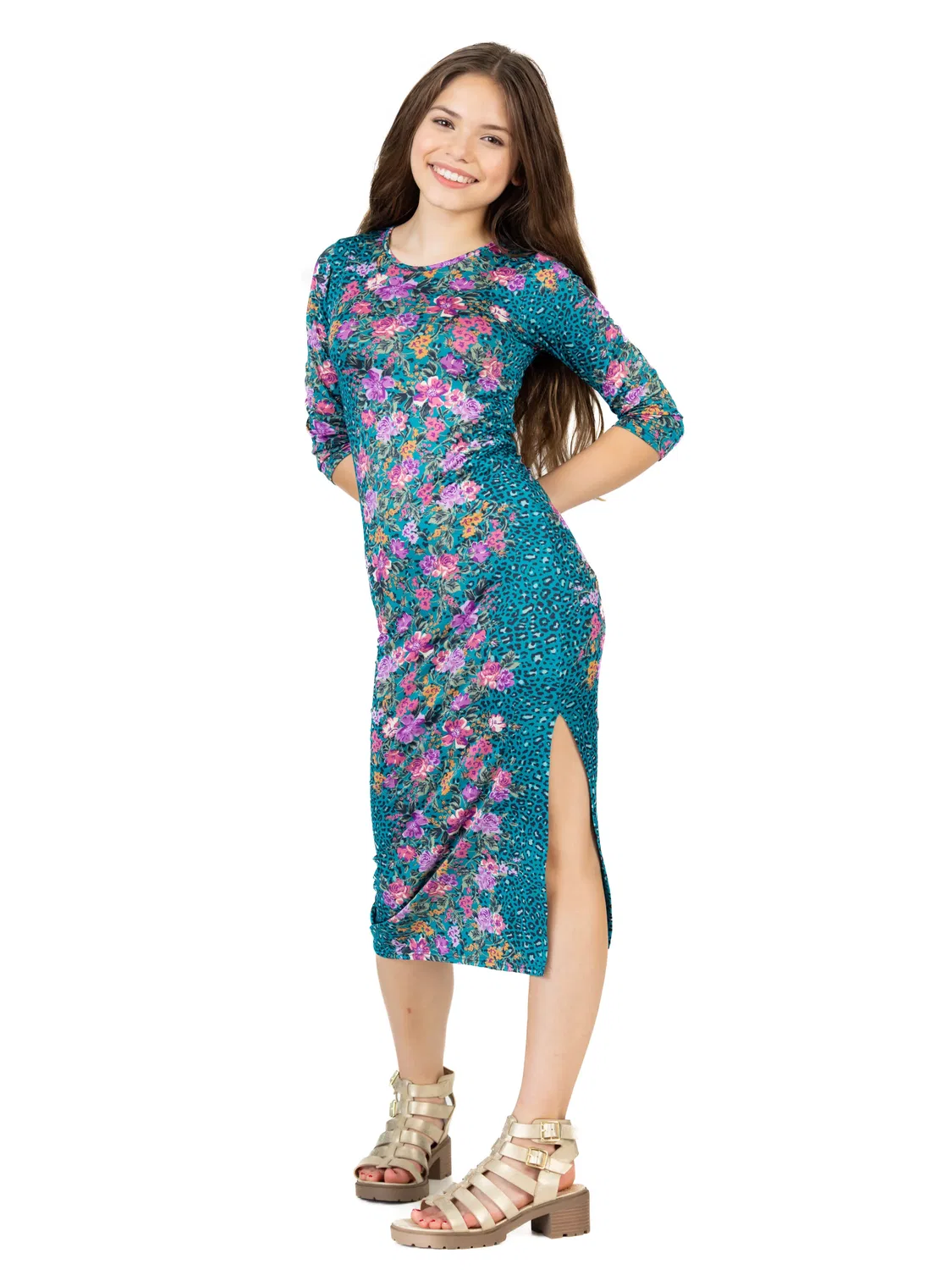 24seven Comfort Apparel 24sevenkid Девочки Бирюзовое макси-платье с животным принтом и боковым разрезом — фото 2