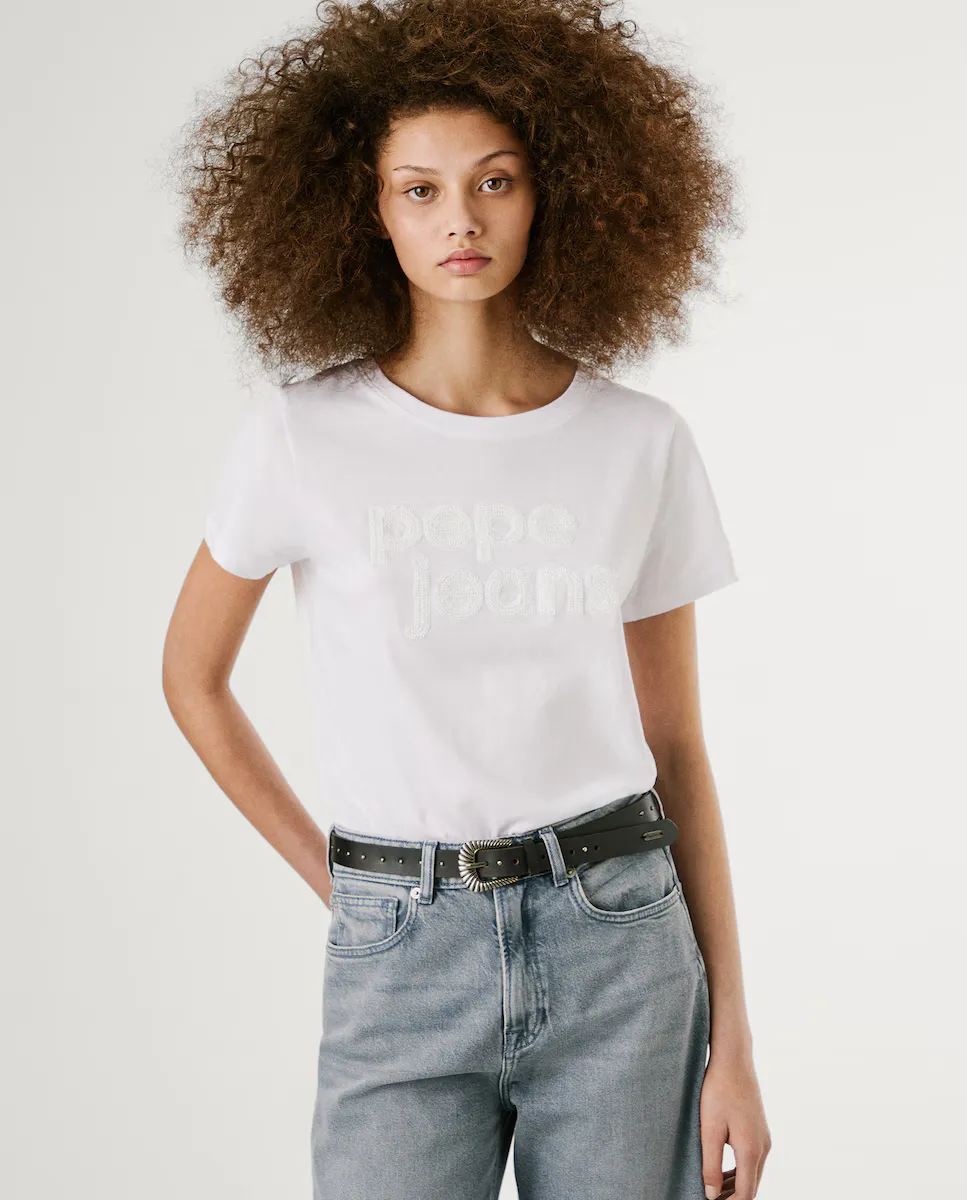 

Женская футболка с круглым вырезом и вышитым блестками логотипом Pepe Jeans, белый