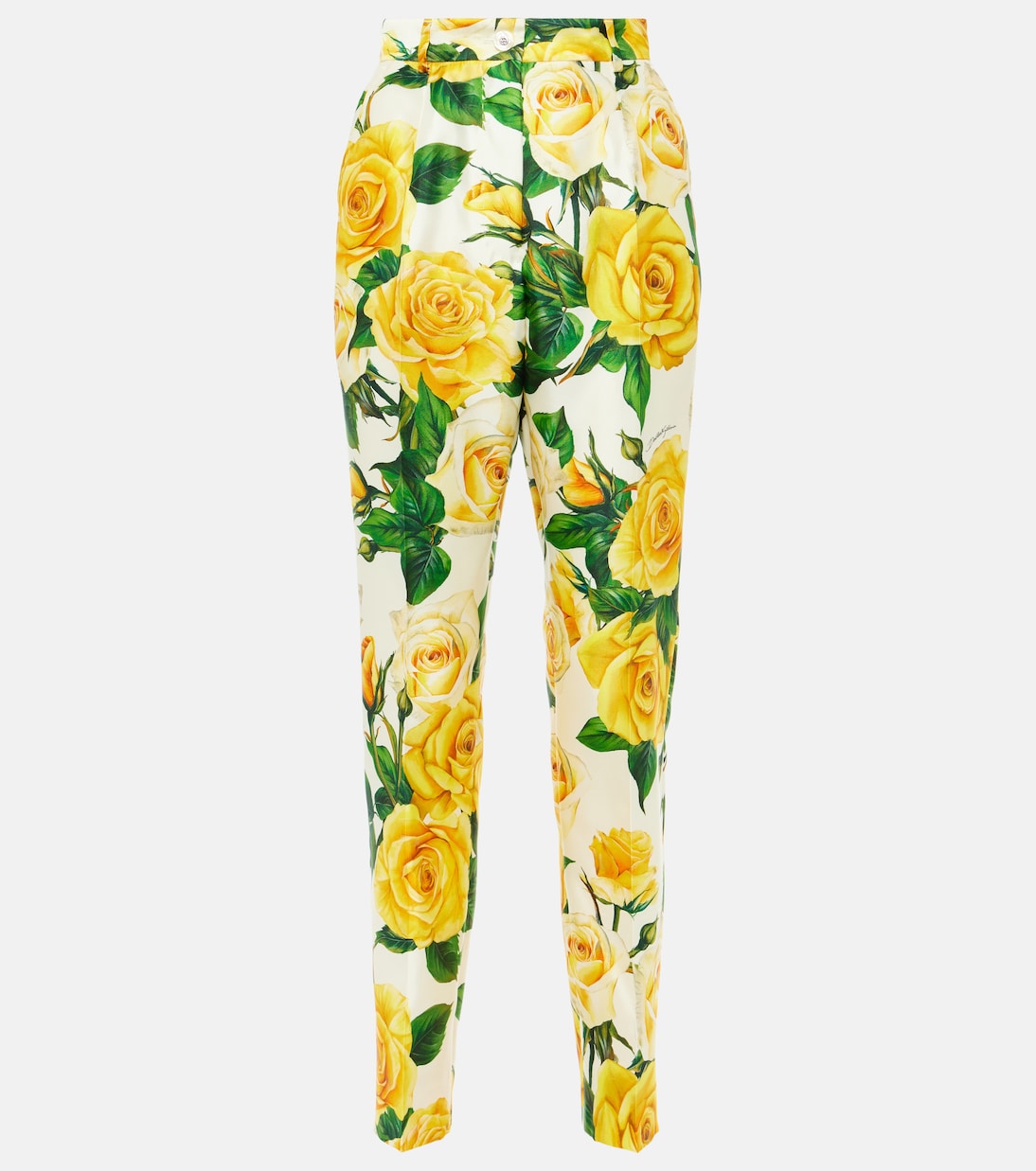 

Прямые брюки с высокой талией из смесового шелка с цветочным принтом Dolce&Gabbana, Rose Gialle Fdo Bco