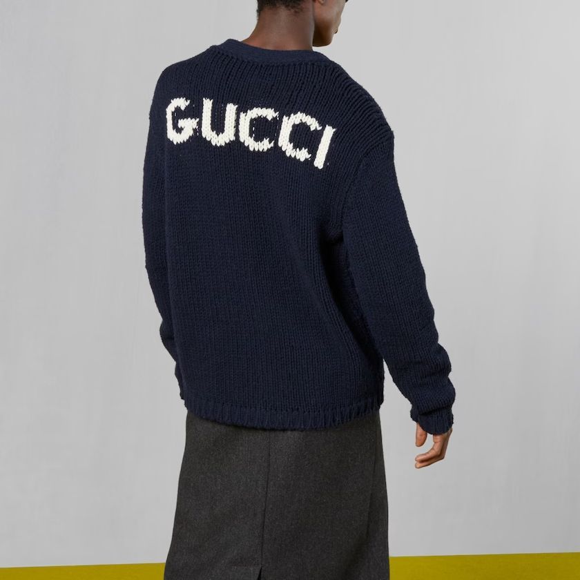 Кардиган Gucci Knit Wool Cardigan With Gucci Intarsia 'Dark Blue' 761541-XKDK4-4492, синий — фото 4