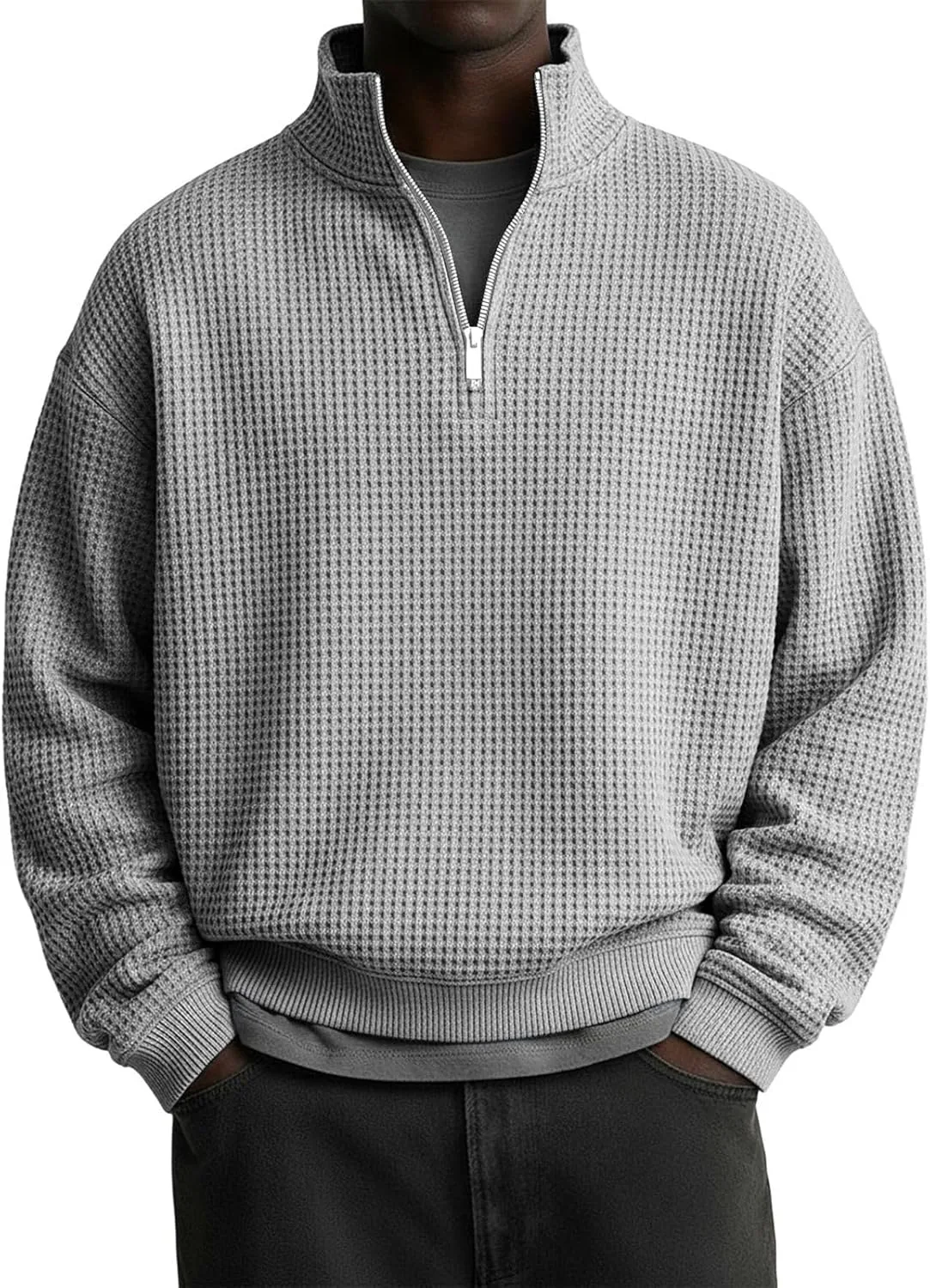 

Мужская футболка с вафельной вязкой, лонгслив с четвертью молнии