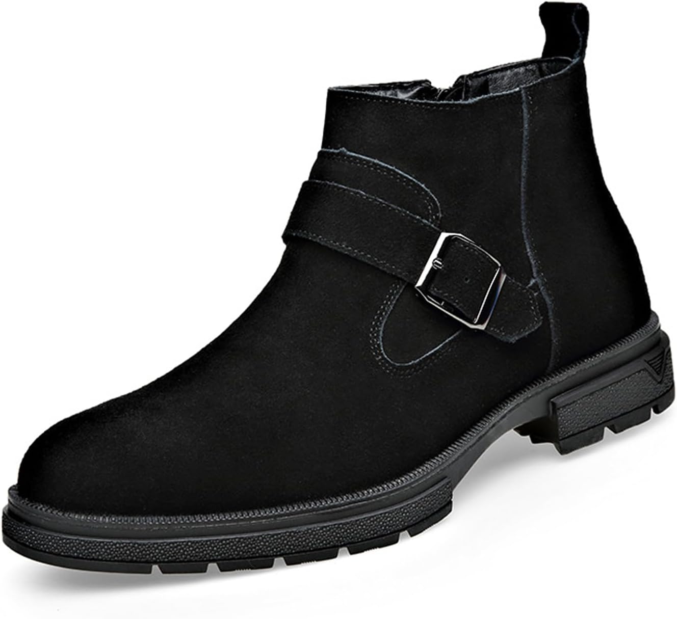 

Мужские замшевые ботинки Челси на низком массивном каблуке с пряжкой и молнией, ретро подошва с протектором, противоскользящие, с теплой плюшевой подкладкой, деловые чукка Fifilapin, черный
