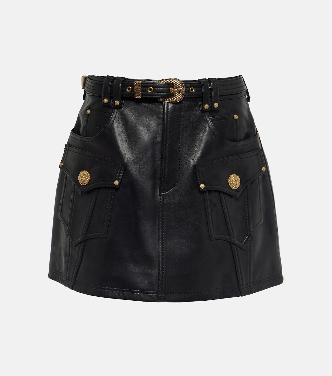 

Кожаная мини-юбка а-силуэта с поясом Balmain, черный