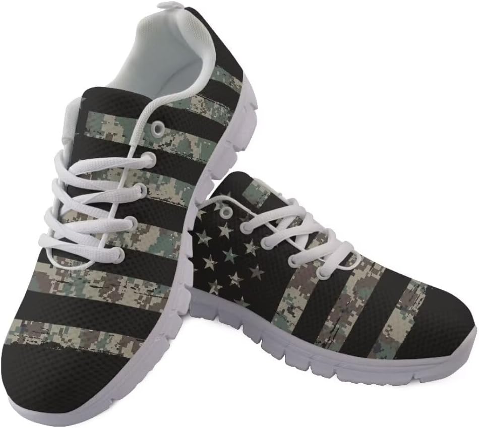 

Женские и мужские кроссовки Jeiento для бега на открытом воздухе, модные теннисные туфли, повседневная обувь для путешествий и ходьбы, плоская обувь с дышащей сеткой для тренировок и повседневного ношения, Camo American Flag