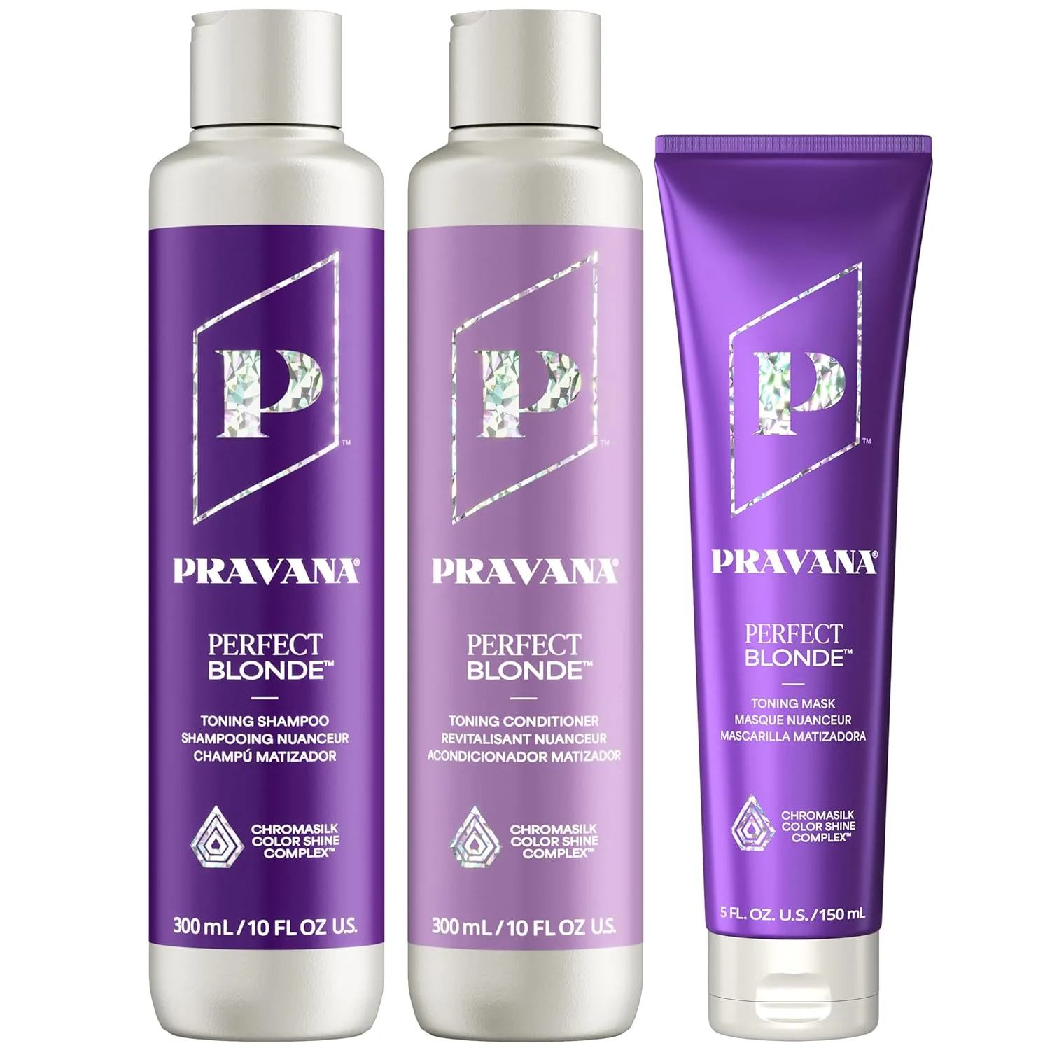 Pravana The Perfect Blonde Purple Toning Shampoo, кондиционер и маска, нейтрализует медные и желтые оттенки, для окрашенных волос, Chromasilk, 300 мл, yellow