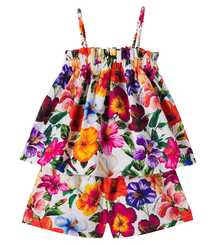 Комплект из хлопкового топа и шорт с цветочным принтом Dolce&Gabbana Kids, мультиколор