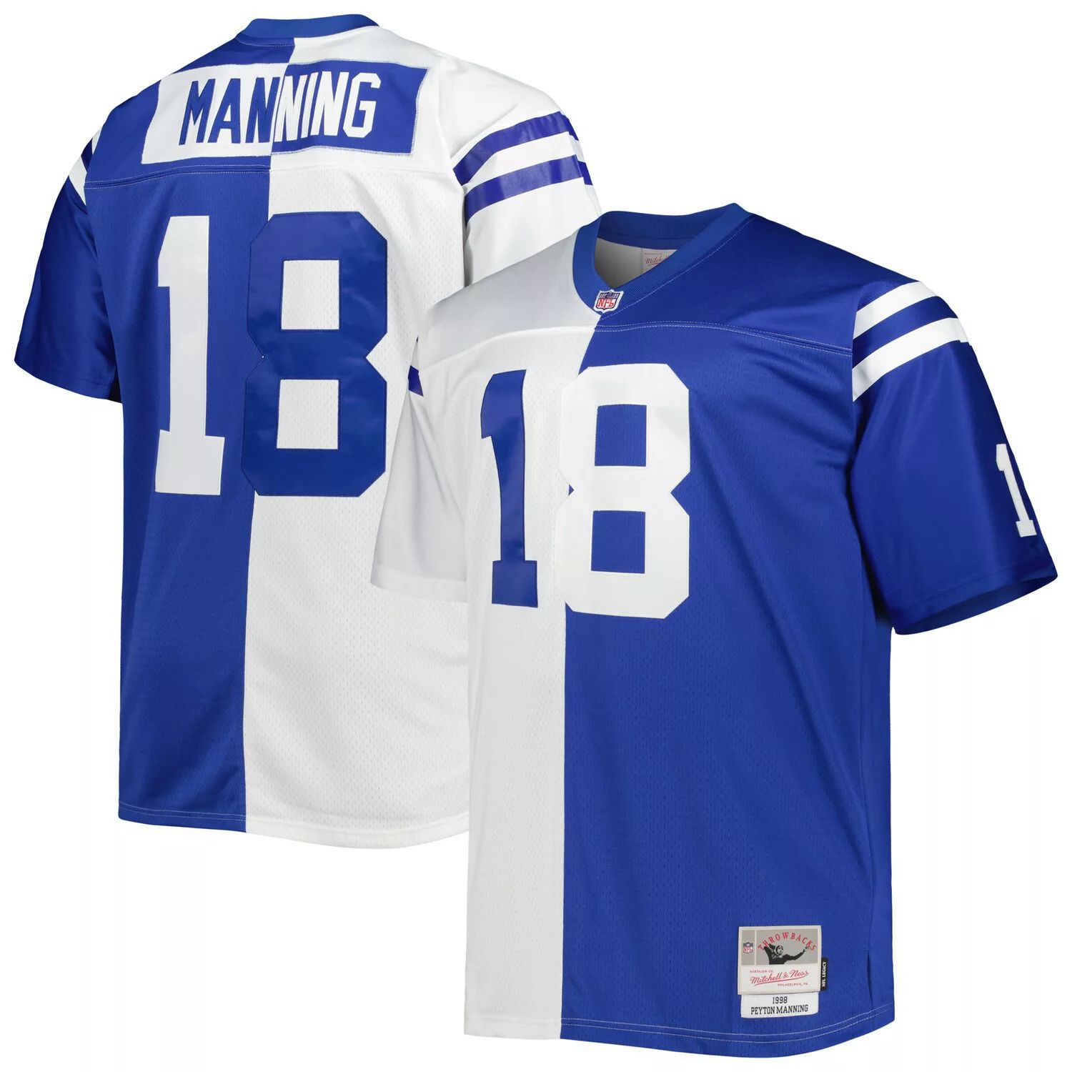 

Мужская футболка Mitchell & Ness Peyton Manning White/Royal Indianapolis Colts Big & Tall Split Legacy Retired Player, реплика Джерси