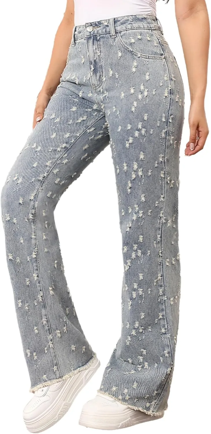 

Женские джинсы с рваным краем и высокой талией QLAUYIOE