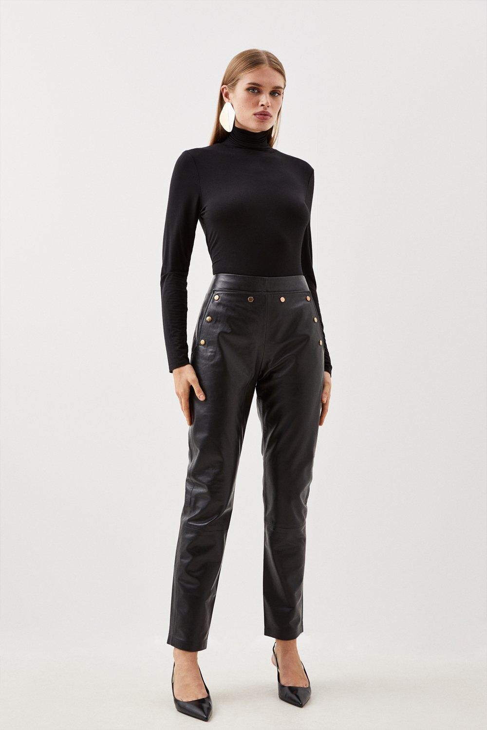 

Кожаные брюки с пуговицами Karen Millen, черный