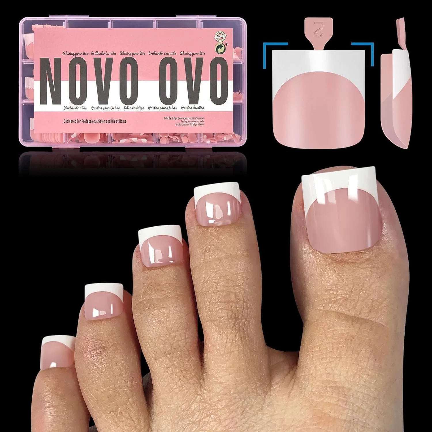 Накладные ногти для педикюра NOVO OVO Sharp Square (детский розовый), 240 шт. Novo Ovo, Square French Tip Toe Nail Tips Baby Pink Eu