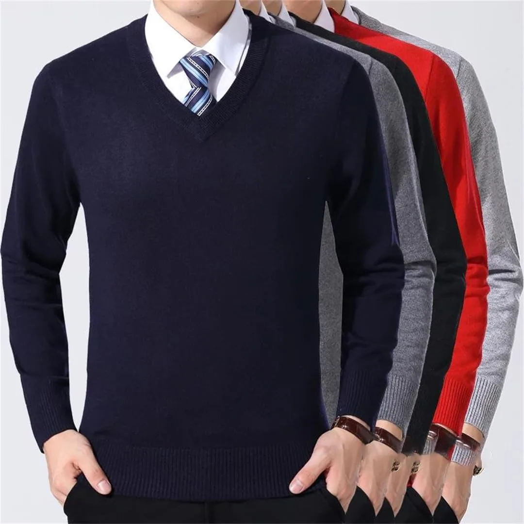 Мужской вязаный свитер с V-образным вырезом, Slim Fit, утепленный — фото 4