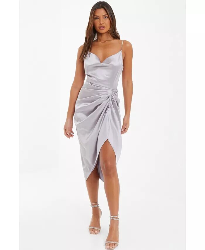 

Женское атласное платье-хомут с оборками миди QUIZ, серебряный