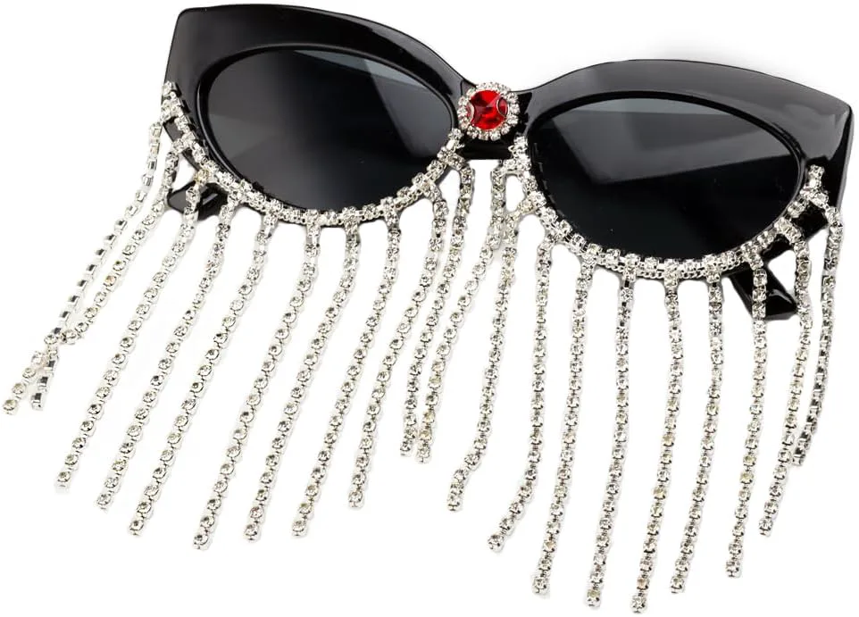 

Солнцезащитные очки ICARA «Кошачий глаз» с кисточками и стразами, женские, с хрустальными кисточками, уникальные, блестящие, бриллиантовые, для вечеринки, Black