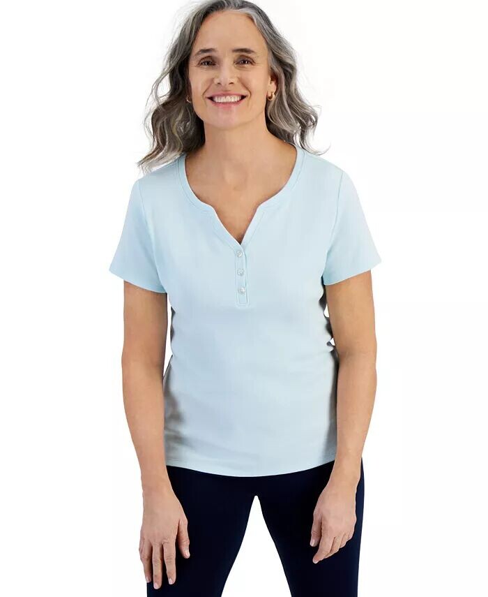 

Хлопковая футболка Petite Henley с короткими рукавами Style & Co, синий
