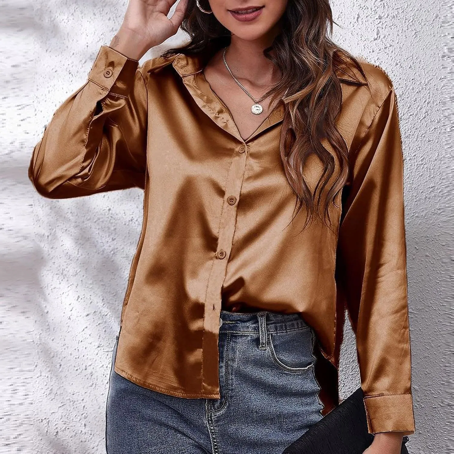 Блуза из сатина с длинным рукавом, Satin Shirt, коричневый — фото 3