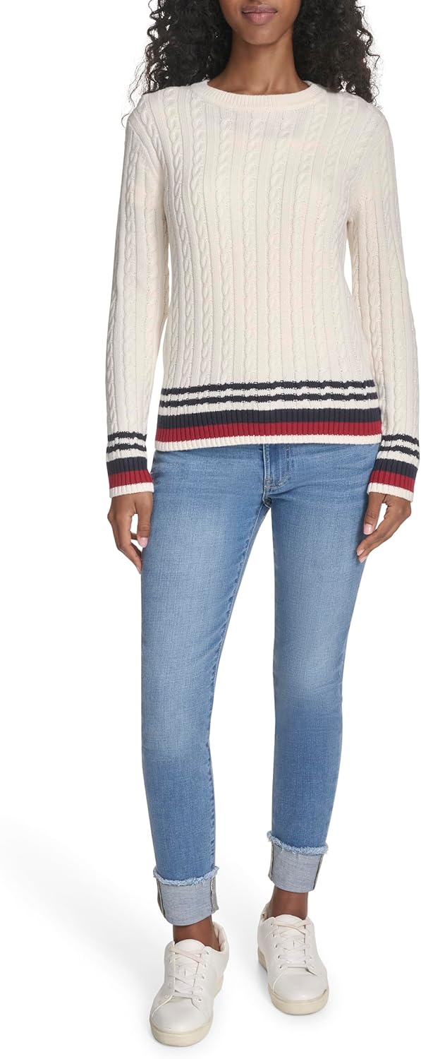 Женский хлопковый свитер Tommy Hilfiger с круглым вырезом и косами, Ivory Multi — фото 2