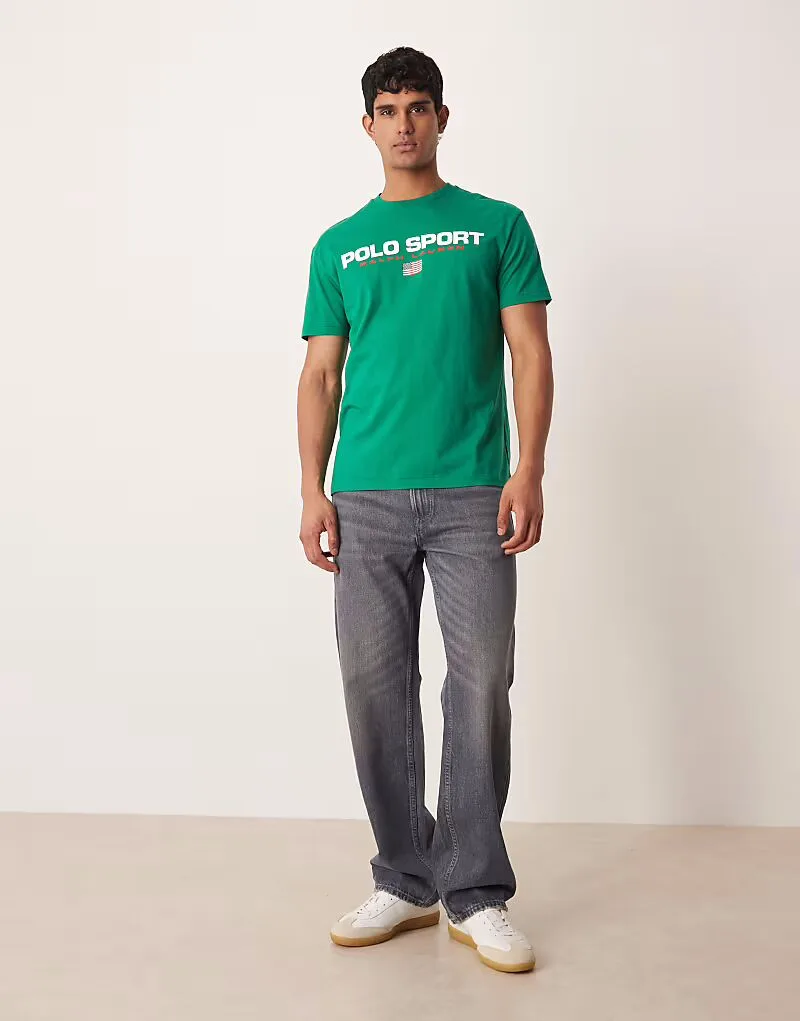 Футболка Polo Ralph Lauren Sport с принтом в виде флага на груди, классический крой, цвет хаки — фото 2