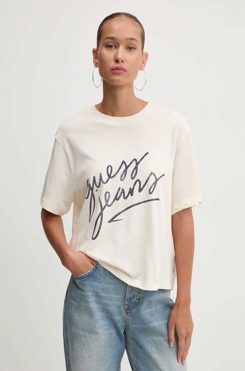 

Хлопковая футболка Guess Jeans, бежевый