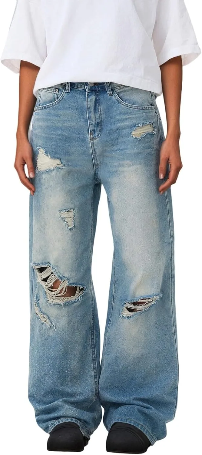 

Рваные джинсы женские, широкие, с высокой талией