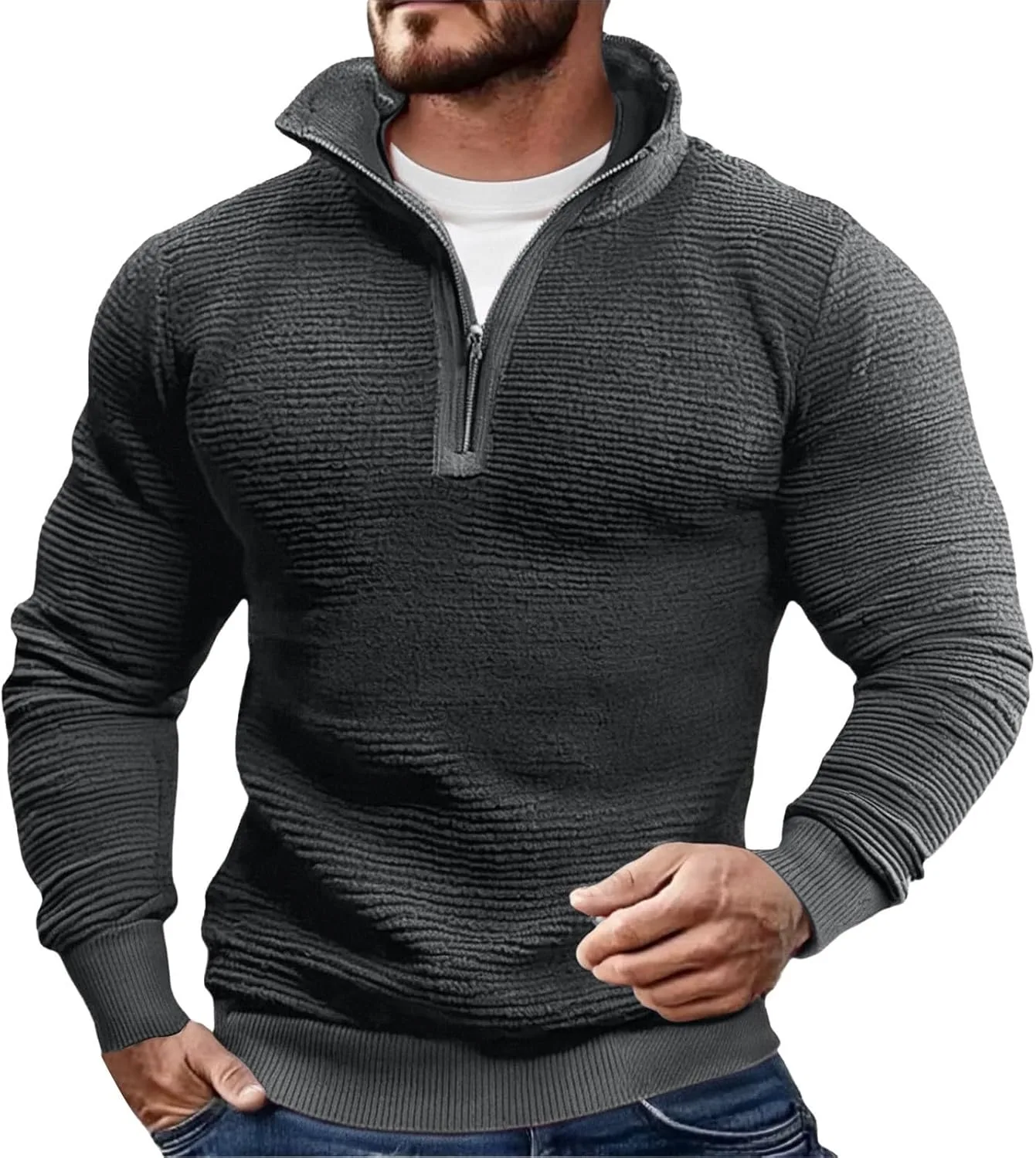 

Мужской свитер с воротником стойкой и молнией на четверть, в стиле вестерн, с жаккардовым принтом и налокотниками