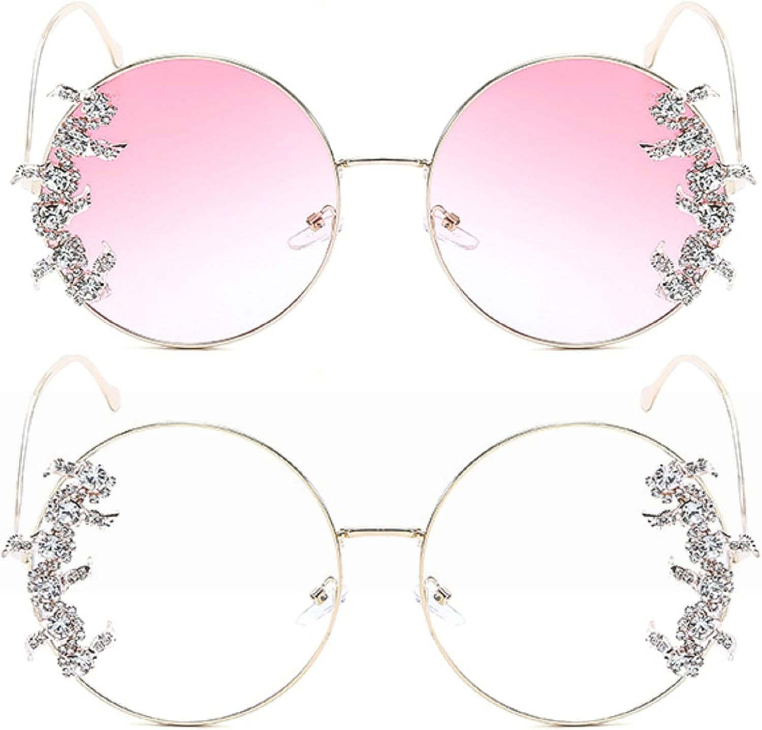 

Ретро-солнцезащитные очки с бриллиантами, круглые, женские, в металлической оправе, со стразами, модные панк-очки для вечеринок, солнцезащитные очки UV400 mincl, 2pcs-pink&clear