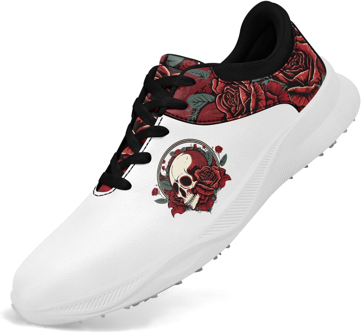 

Безшиповые гольф-кроссовки для мужчин и женщин - легкие кроссовки для гольфа из микрофибры и кожи с рисунком черепа и розы, противоскользящие, комфортные спортивные обувь Awsole, белый/красный/темно-красный