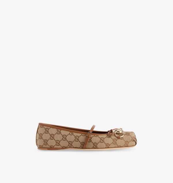 Туфли-Балетки Gg-Monogram horsebit из парусины Gucci, бежевый