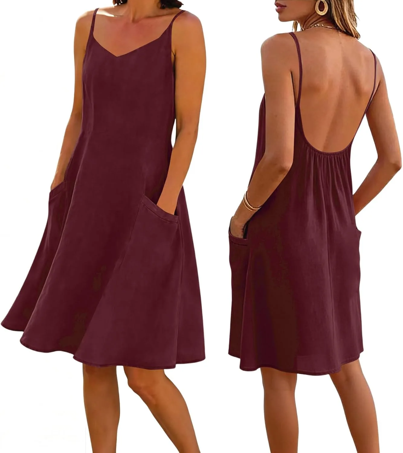 Пляжное платье для женщин Casual Linen без рукавов с V-образным вырезом миди с открытой спиной и карманами Generic, Wine — фото 2