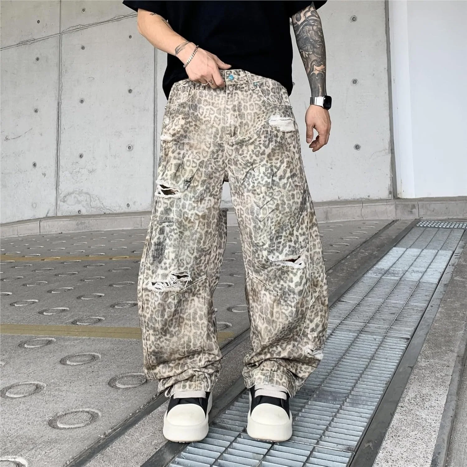 Generic Джинсы Leopard Cheetah Print Bucket в стиле Y2K, широкие, свободные, boyfriend, средней посадки, состаренный деним для женщин и мужчин — фото 2
