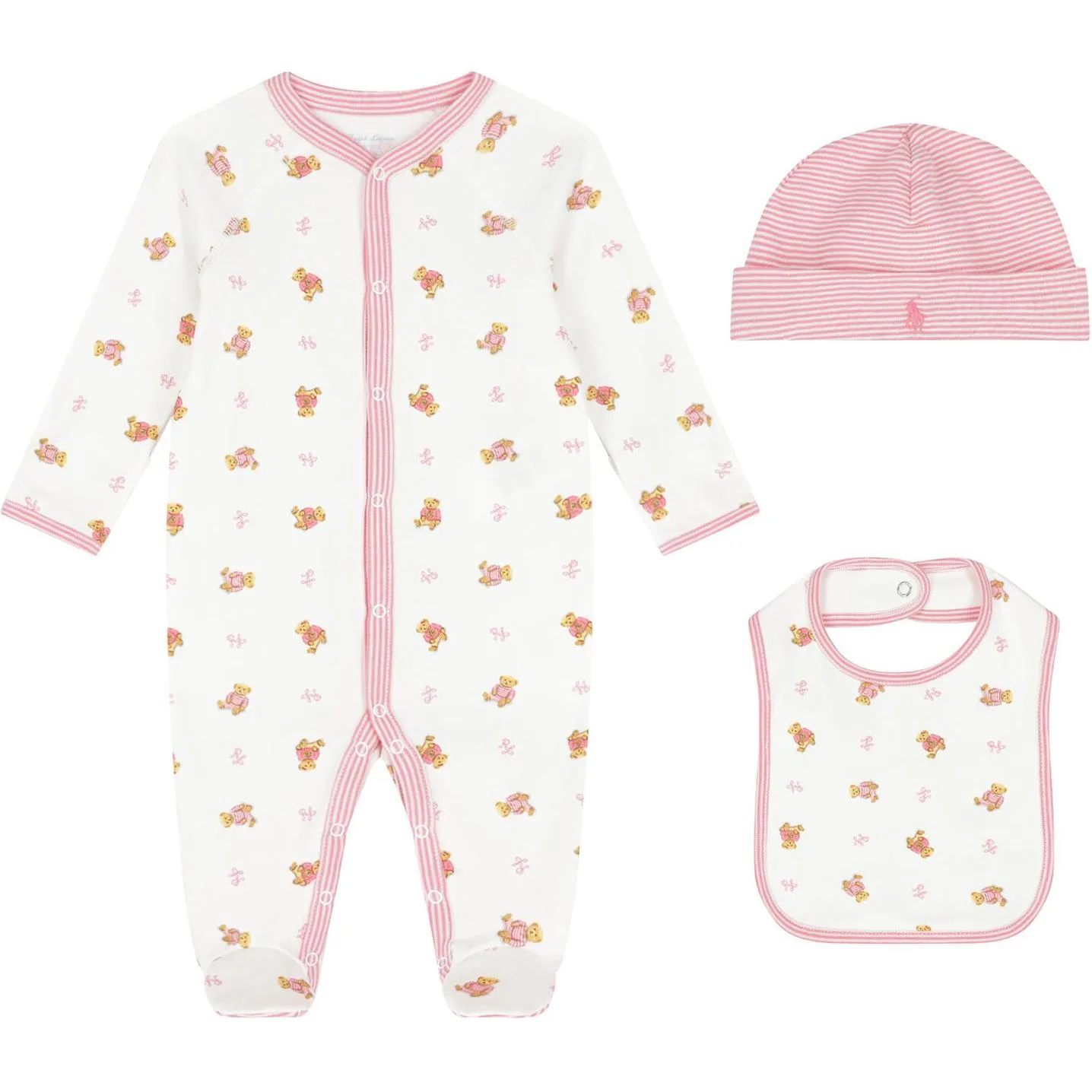 Комбинезон для младенцев и малышей Polo Ralph Lauren, Set (White Jumpsuit+White Bib+Pink Hat)
