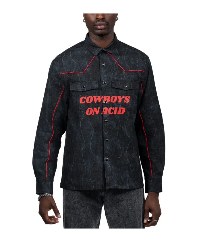 

Черная ковбойская джинсовая рубашка в кислотном стиле Pleasures, черный