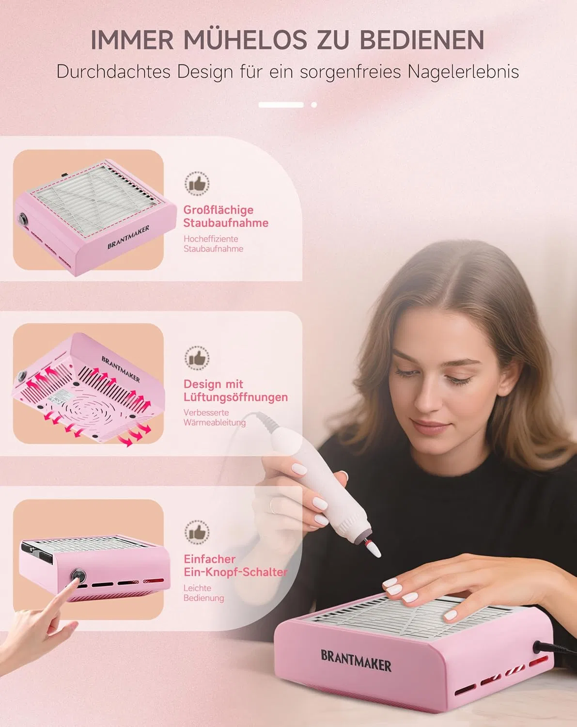 Пылесборник для ногтей BRANTMAKER 60 Вт с щеткой и 2 фильтрами Brantmaker, Pink — фото 4