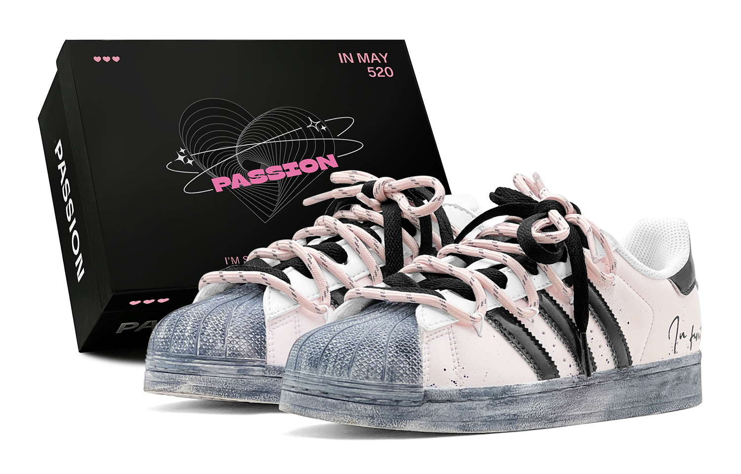 

Superstar couple's, pink trace, doused craft, creative distressed shoes, girlish, sweet pink Adidas Originals, черный