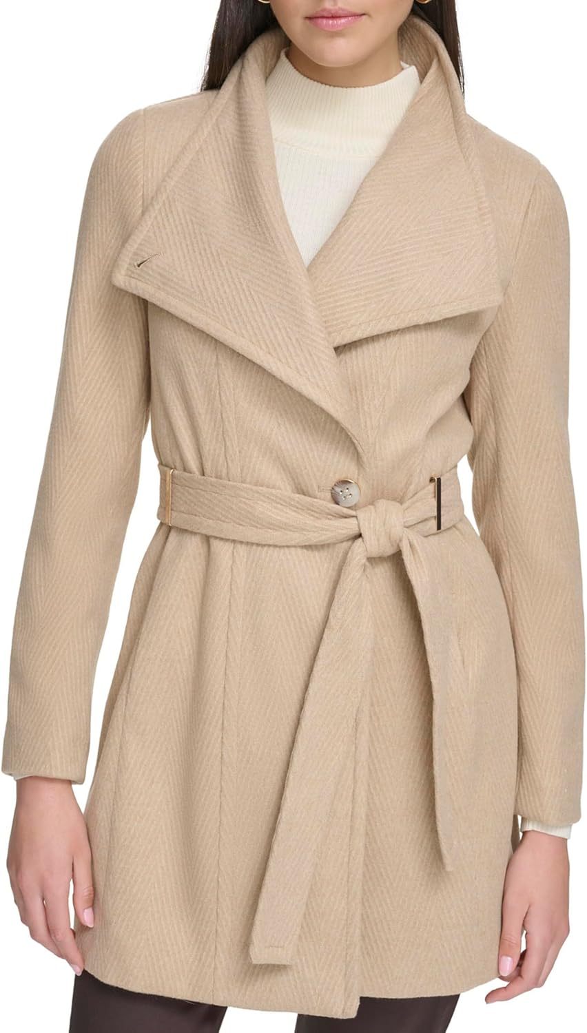 

Женская шерстяная куртка Calvin Klein Wrap из смеси полиэстера, два прорезных кармана на бедрах, манжеты с застежкой-молнией, Camel Herringbone