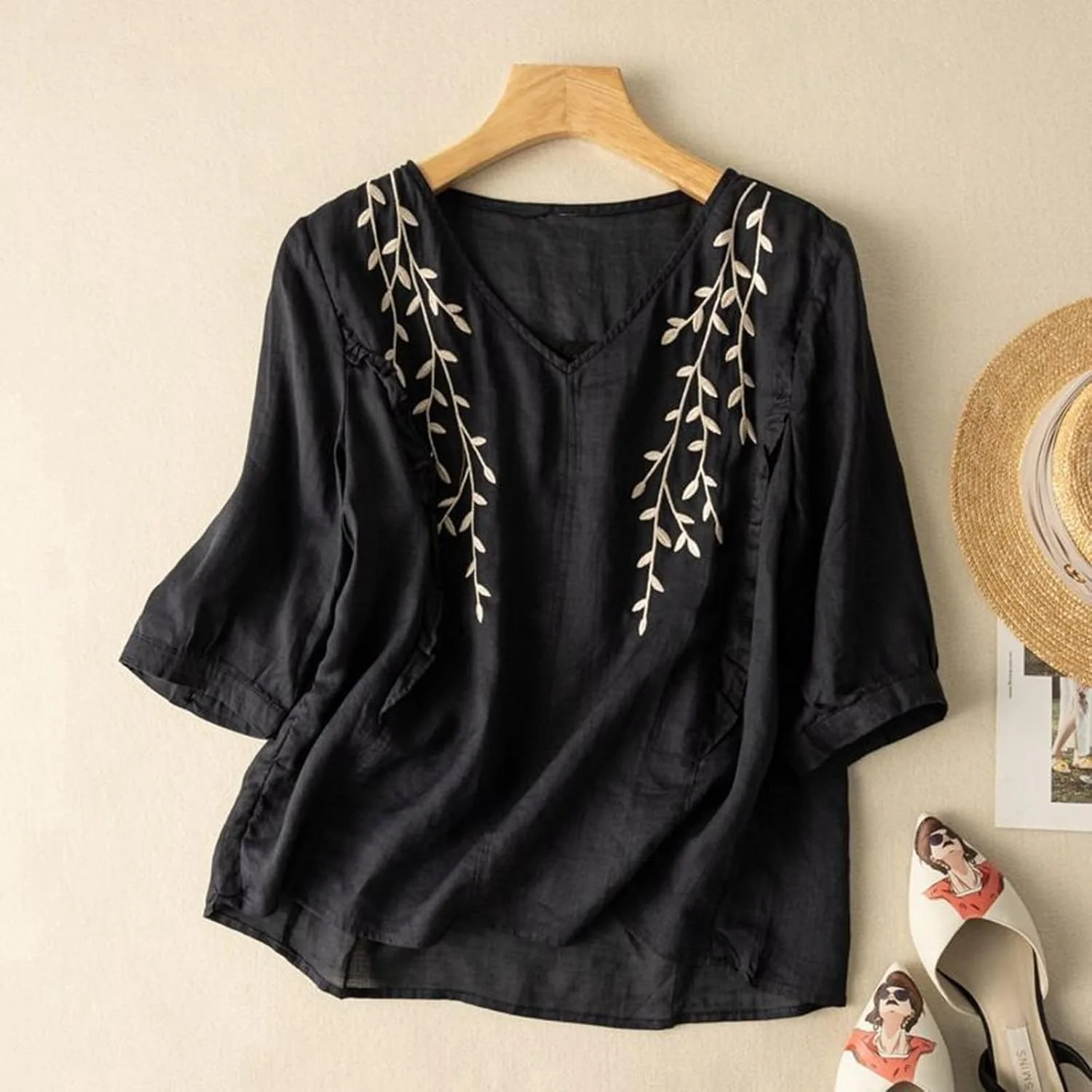 Льняная рубашка для женщин с рукавом 3/4, Casual Retro Boho — фото 3
