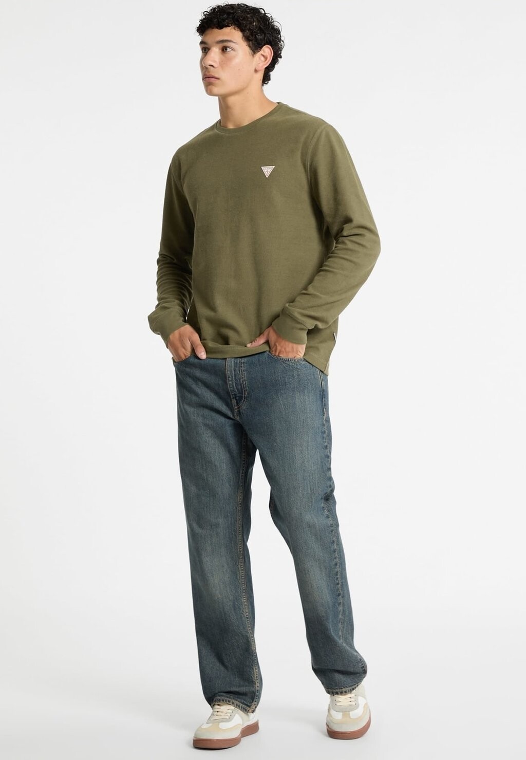 

Топ с длинными рукавами WAFFELMUSTER MINI-DREIECK Guess Jeans, оливковый