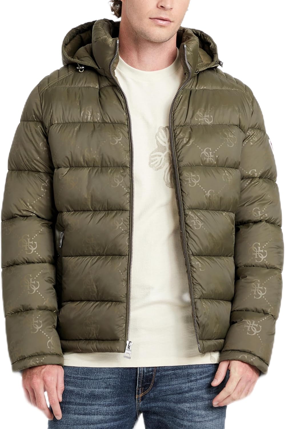 

Мужская стеганая ветровка с капюшоном Adam Quilted Hooded Zip Puffer от GUESS, Olive Morning Large Scale 4G