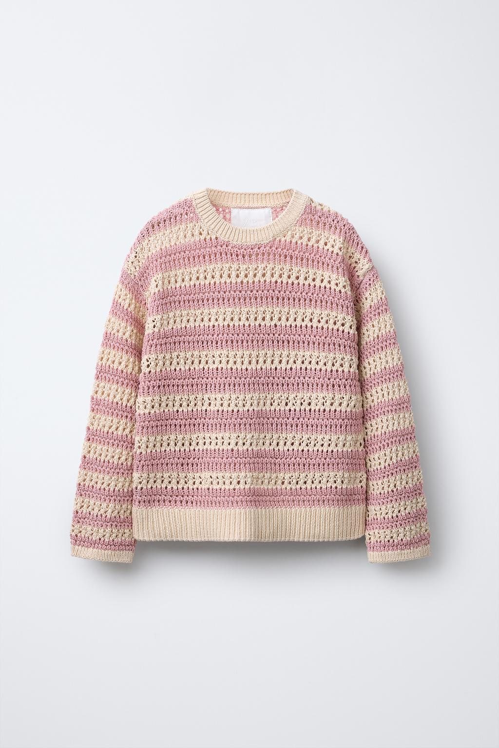 

Полосатый ажурный вязаный свитер ZARA, цвет Dusty pink