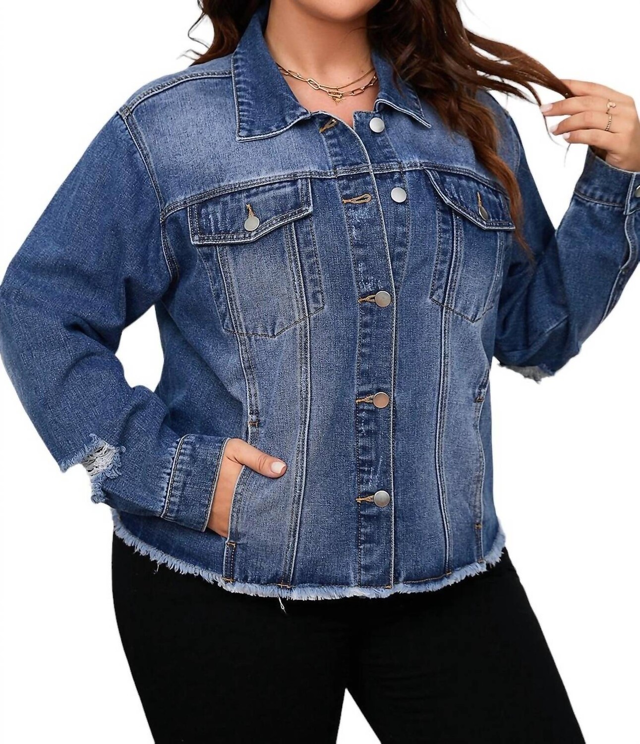 

Темно-синяя джинсовая куртка с потертыми карманами и клапанами больших размеров dear lover