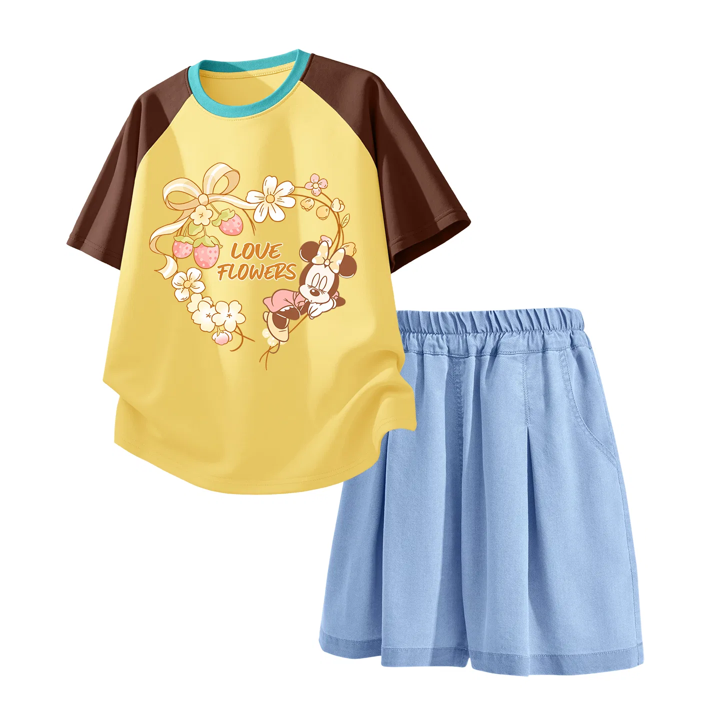 Спортивный костюм для детей Disney с принтом, модель Casual Sportswear, цвет: коричневый с цветочным узором + джинсовый голубой