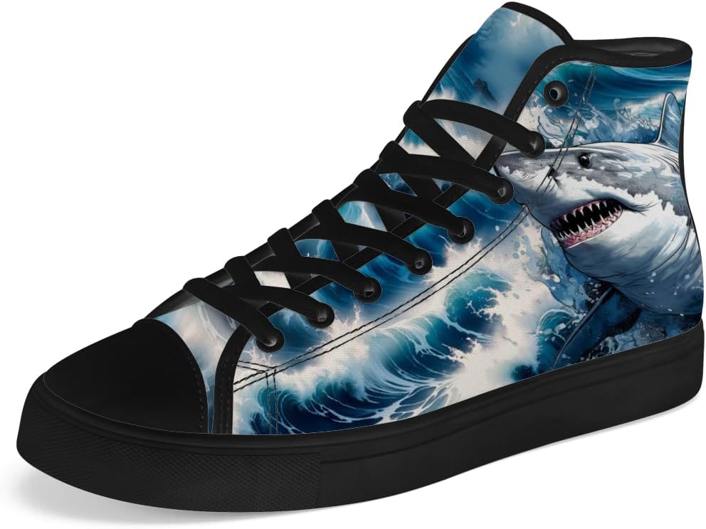 

Высокие кеды из канвы для мужчин и женщин Shark, высокие кроссовки на шнуровке, повседневная обувь Chebing, белый/синий