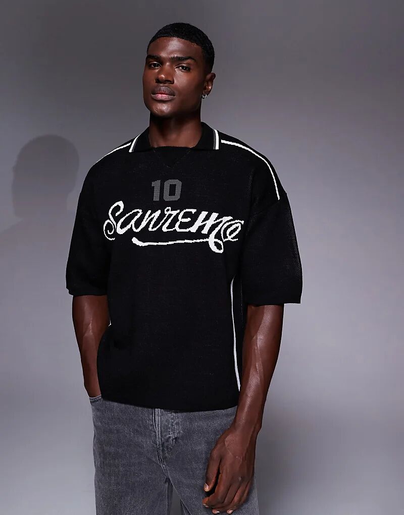 

Свободная трикотажная рубашка-поло свободного кроя ASOS DESIGN со спортивным рисунком черного цвета