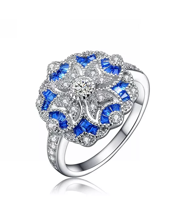 

Кольцо для коктейля из стерлингового серебра с огранкой «багет» и круглыми кубическими цирконами Genevive, blue