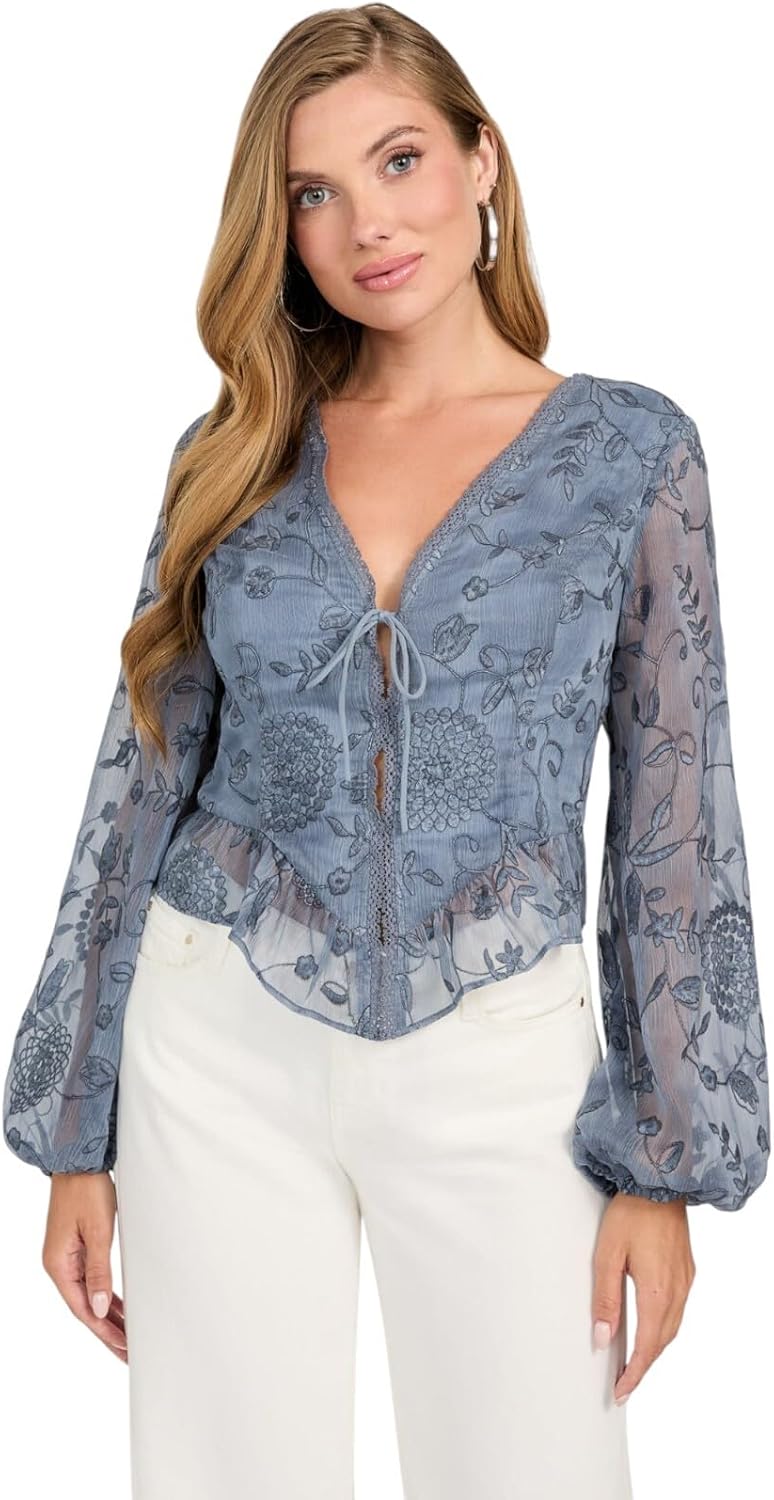 

GUESS Women's Long Sleeve Seiah Tie Front Top, Fog Gray Multi