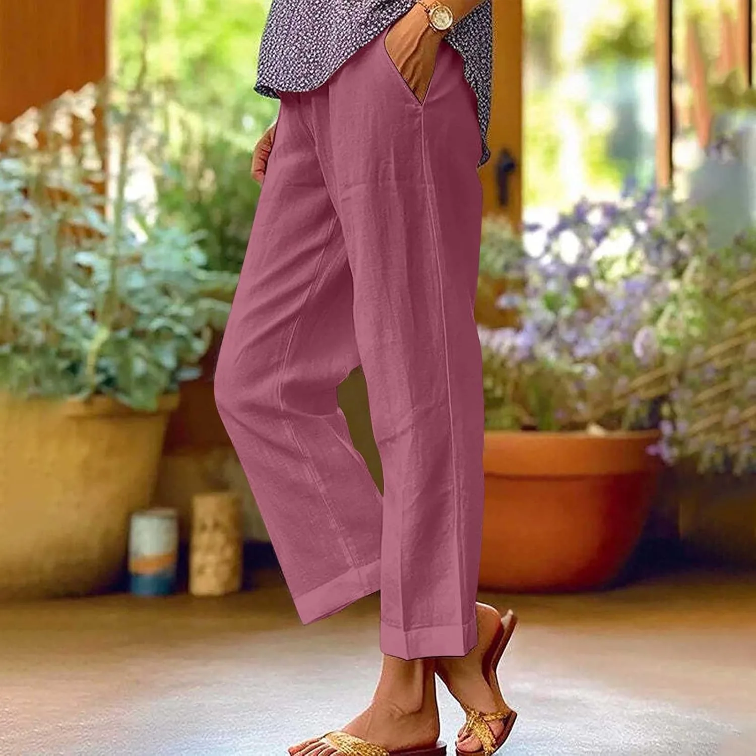 Кроп брюки из льна для женщин Casual Lightweight летние с эластичным поясом Plus Size — фото 2